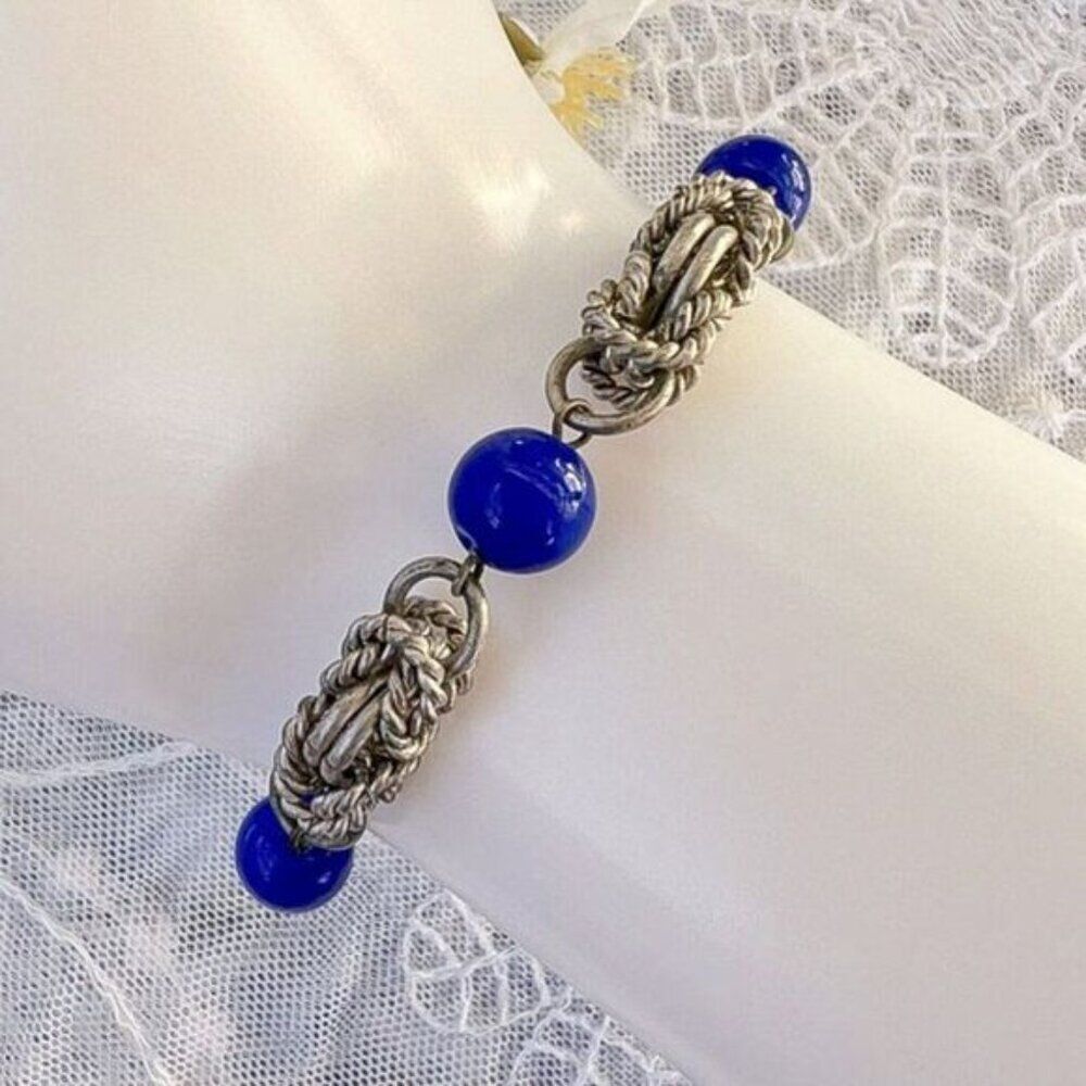 Vintage Art Deco Cobalt Blue Bead & Chrome Byzantine Knot Bracelet Jakob Bengal - Picture 6 of 6